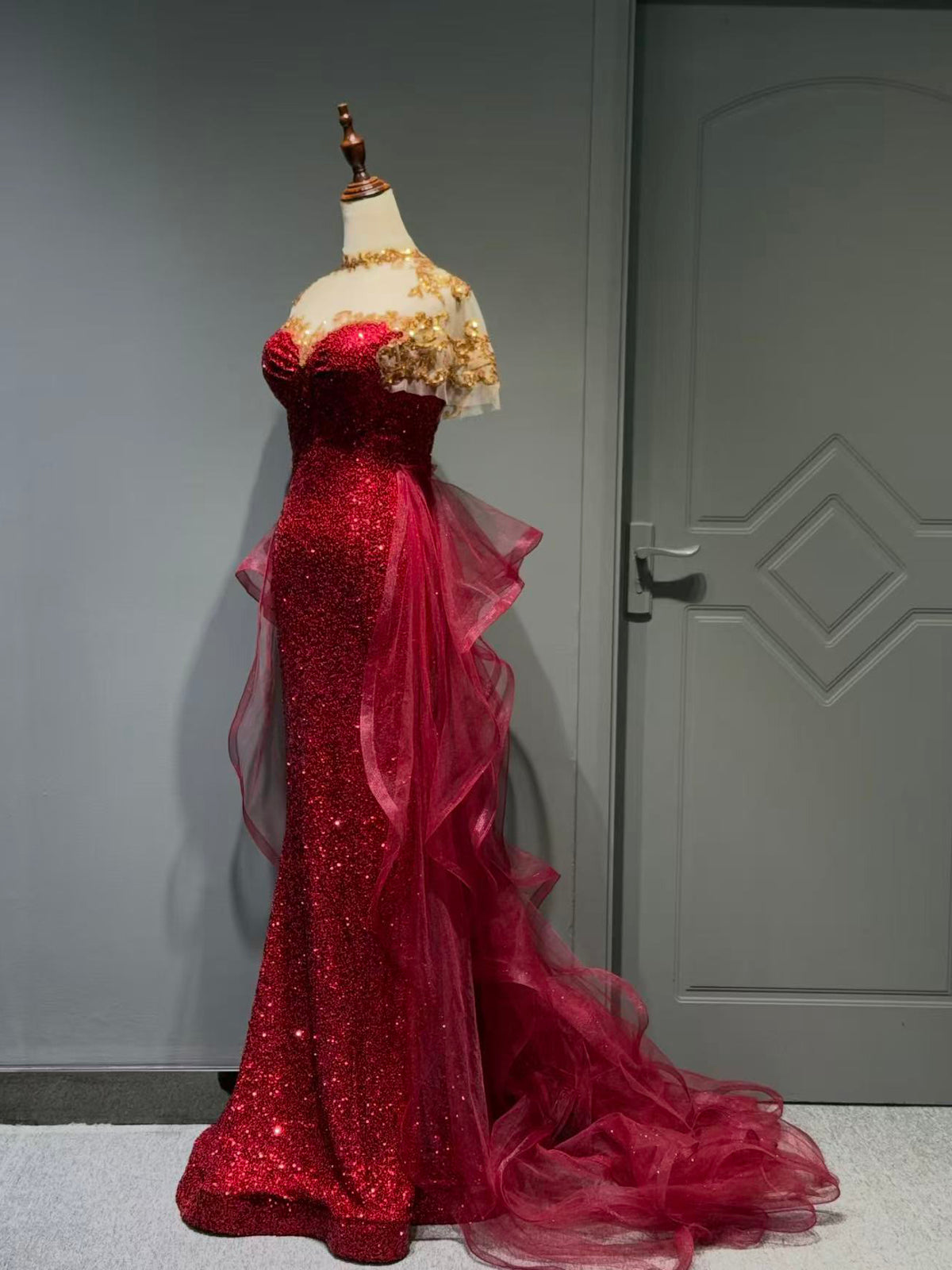 Sparkling Burgundy Sequin Mermaid Long Prom Dress with Sheer Gold Lace Shoulders