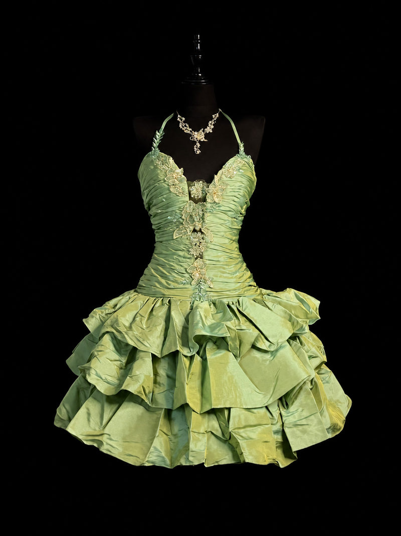 Sage Green Halter Ruched Lace Appliqué Tiered Ruffle Short Prom Dress