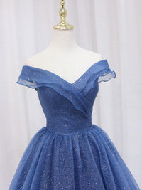 A-Line Dark Blue Tulle Long Prom Dresses, Blue Formal Evening Dresses