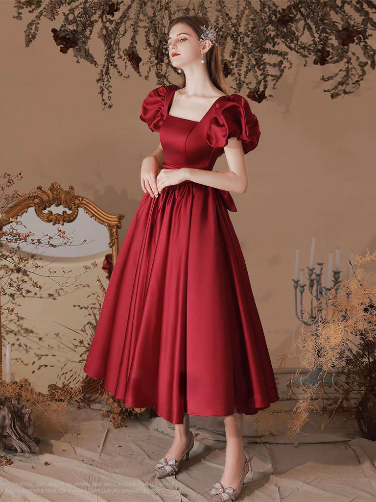 A-Line Square Neckline Puff Sleeves Satin Burgundy Prom Dress, Tea Length Bridesmaid Dress