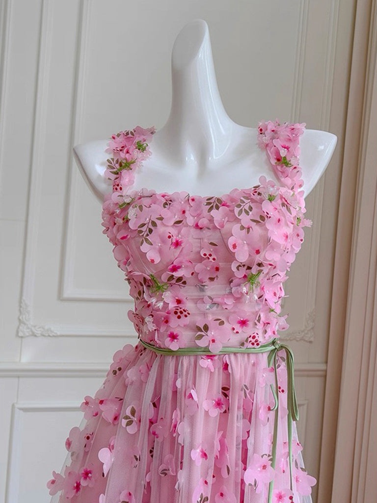 A-Line Tulle Lace Pink Long Prom Dress, Pink Long Party Dress
