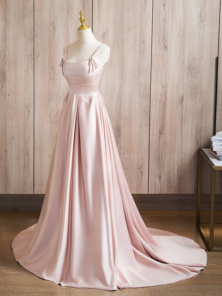 A-Line Satin Beads Pink Long Prom Dress, Pink Long Formal Dress