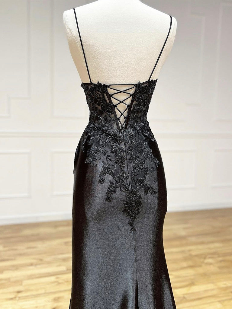 Black V Neck Lace Satin Long Prom Dress, Black Formal Evening Dress