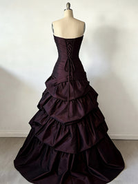 A-Line Sweetheart Neck Taffeta Ruffles Maroon Long Prom Dress