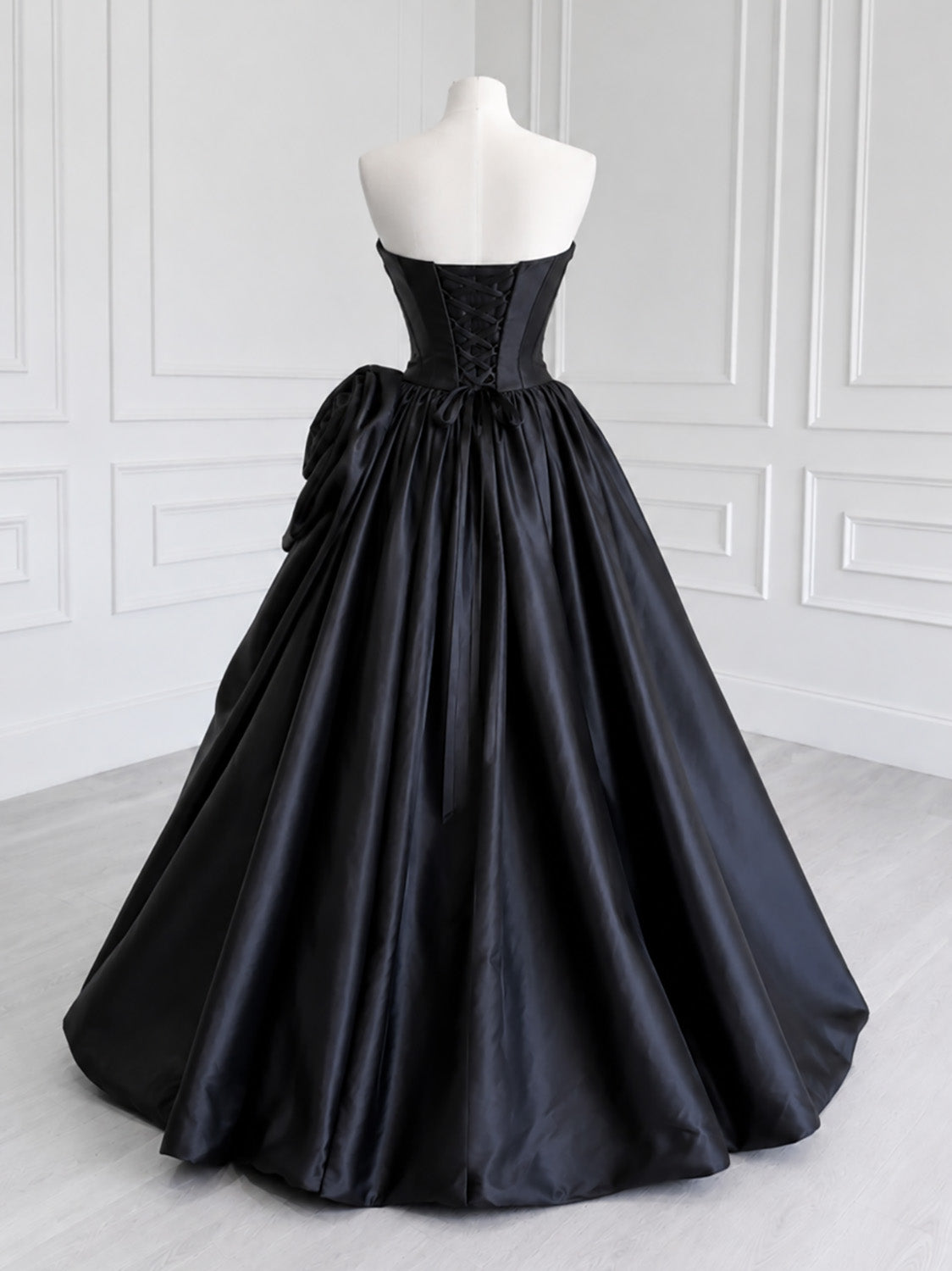 A-line Spoon Neck Satin Black Long Prom Dress