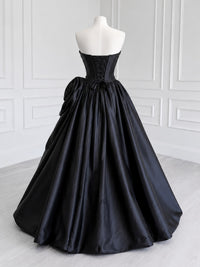 A-line Spoon Neck Satin Black Long Prom Dress