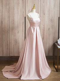 A-Line Satin Beads Pink Long Prom Dress, Pink Long Formal Dress