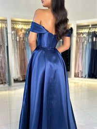 A-Line Off Shoulder Satin Blue Long Prom Dress, Blue Long Evening Dress