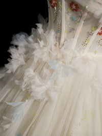 A-Line Off Shoulder Tulle Lace Light Champagne Long Prom Dress with Flower