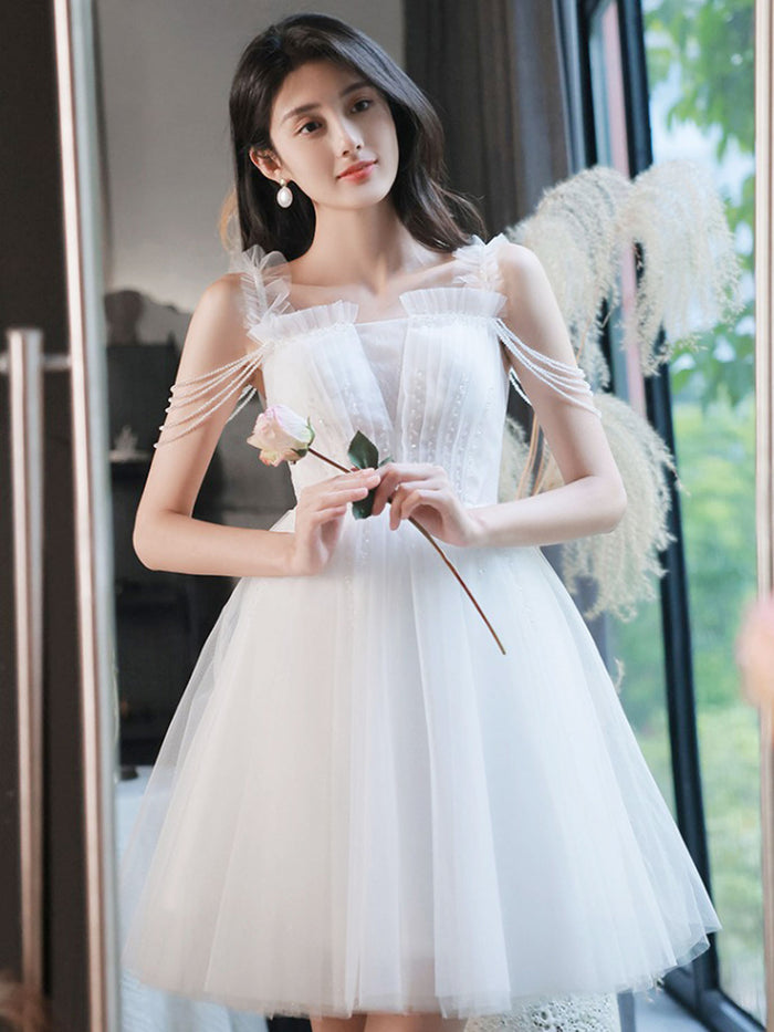 A-Line Tulle Beads White Short Prom Dress, White Homecoming Dress