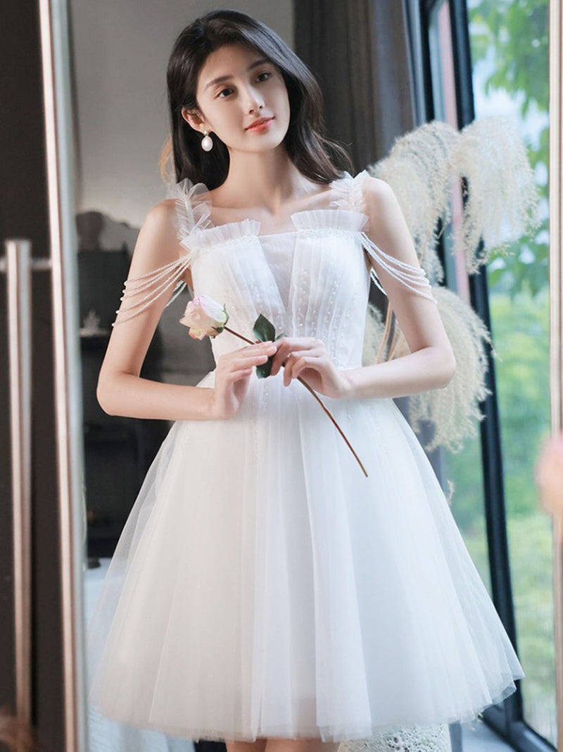A-Line Tulle Beads White Short Prom Dress, White Homecoming Dress toptby A-Line Tulle Beads White Short Prom Dress, White Homecoming Dress toptby