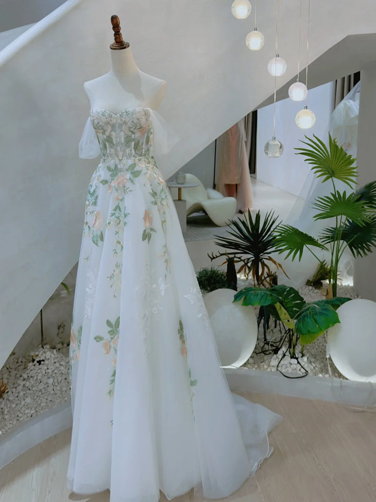 A-Line Off Shoulder Tulle Lace Applique White Long Prom Dress, White Long Formal Dress A-Line Off Shoulder Tulle Lace Applique White Long Prom Dress, White Long Formal Dress