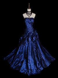 Blue Strapless Beaded Satin Prom Gown with Ruffled Skirt