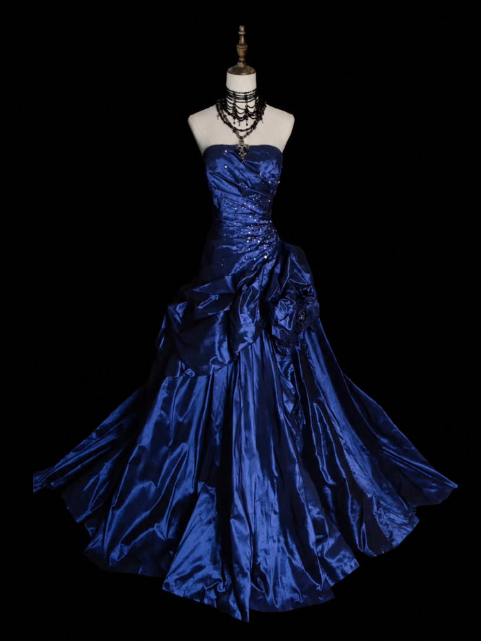 Blue Strapless Beaded Satin Prom Gown with Ruffled Skirt