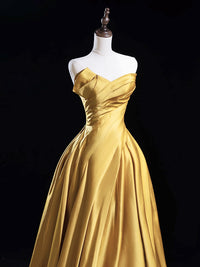 A-Line Satin Gold Long Prom Dress, Gold Long Formal Dress