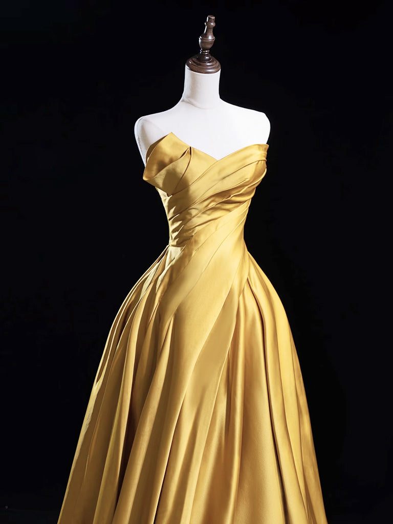A-Line Satin Gold Long Prom Dress, Gold Long Formal Dress
