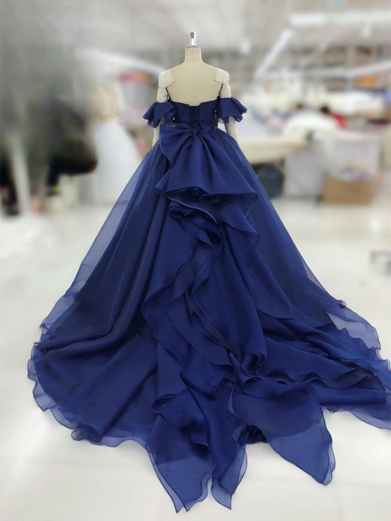 A-Line Sweetheart Neck Tulle Dark Blue Long Prom Dress, Dark Blue Long