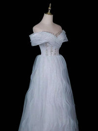 A-line Off Shoulder Tulle Sequin Light Blue Long Prom Dress with Beads