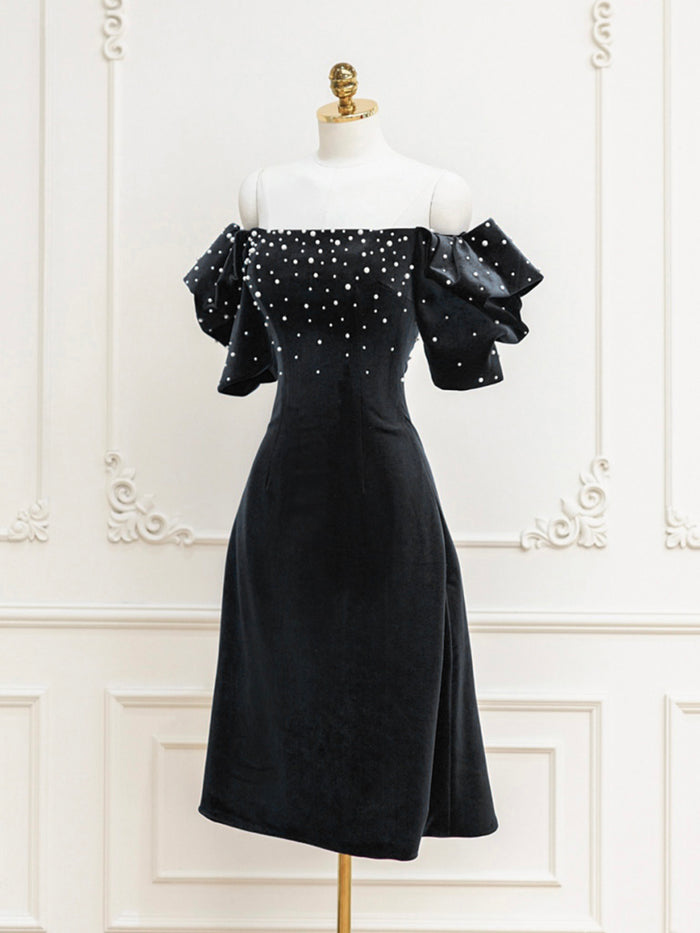 Black Velvet Beads Short Prom Dress, Black Evening Dress