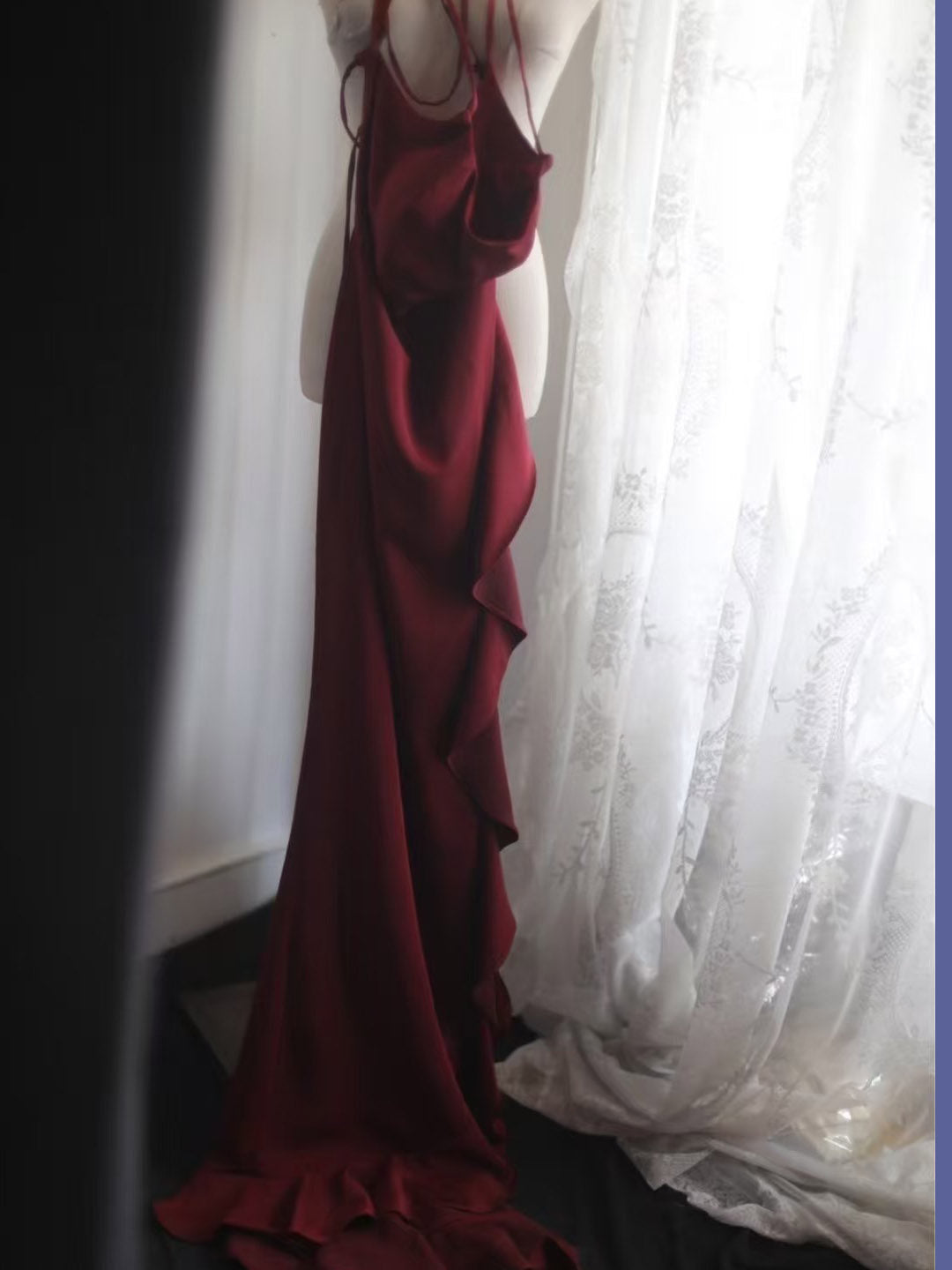 Simple A-Line Ruffles Burgundy Long Prom Dress, Burgundy Party Dress
