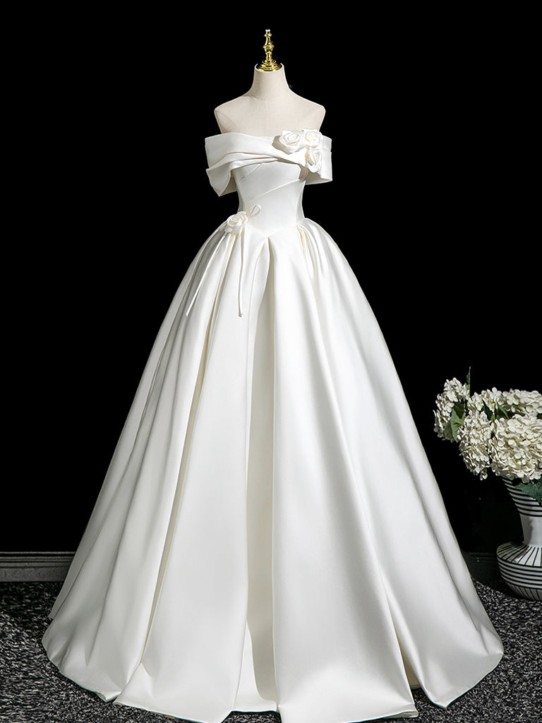 A-Line Off Shoulder Satin White Long Prom Dress, White Long Formal Dre