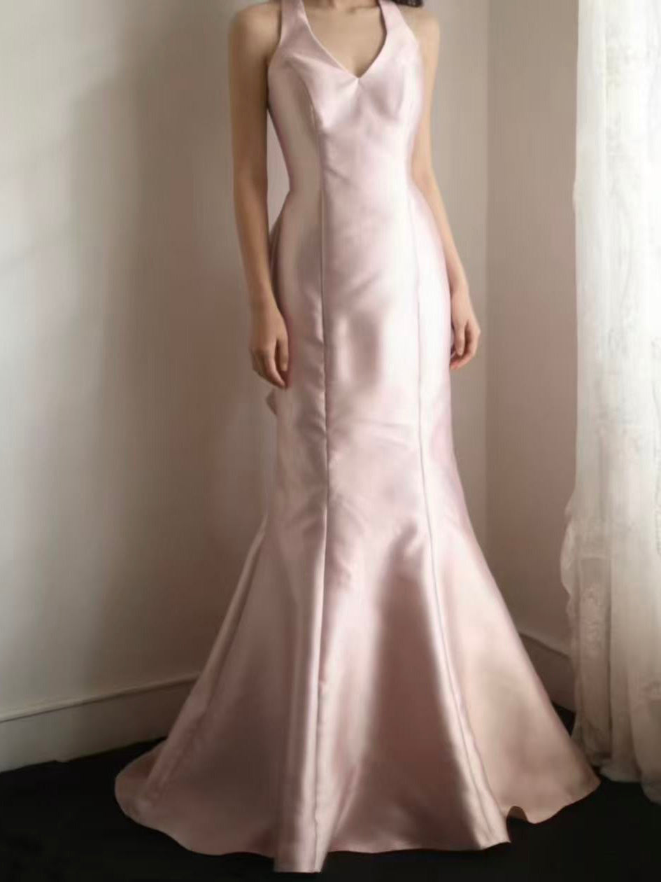 Unique Mermaid Satin Pink Long Prom Dress, Pink Party Dress