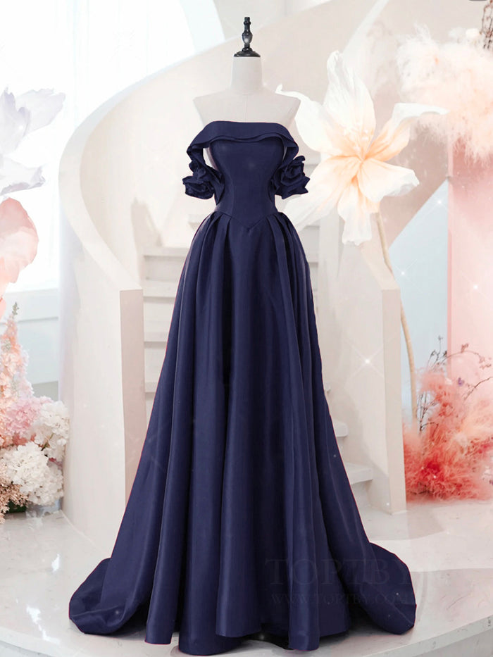 A-Line Off Shoulder Satin Dark Blue Long Prom Dress, Dark Blue Long Formal Dress