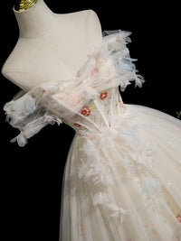 A-Line Off Shoulder Tulle Lace Light Champagne Long Prom Dress with Flower