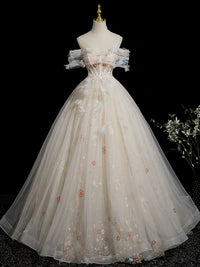 A-Line Off Shoulder Tulle Lace Light Champagne Long Prom Dress with Flower