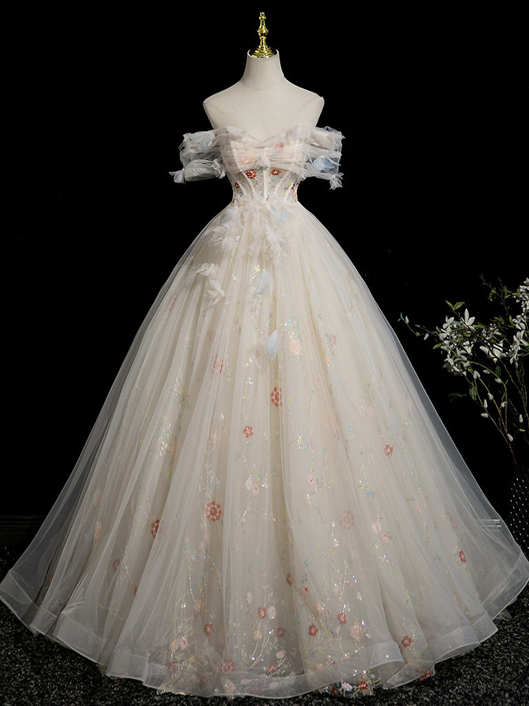 A-Line Off Shoulder Tulle Lace Light Champagne Long Prom Dress with Flower