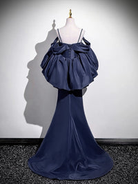 A-line V Neck Satin Puff Sleeves Sweep Train Dark Blue Prom Dress