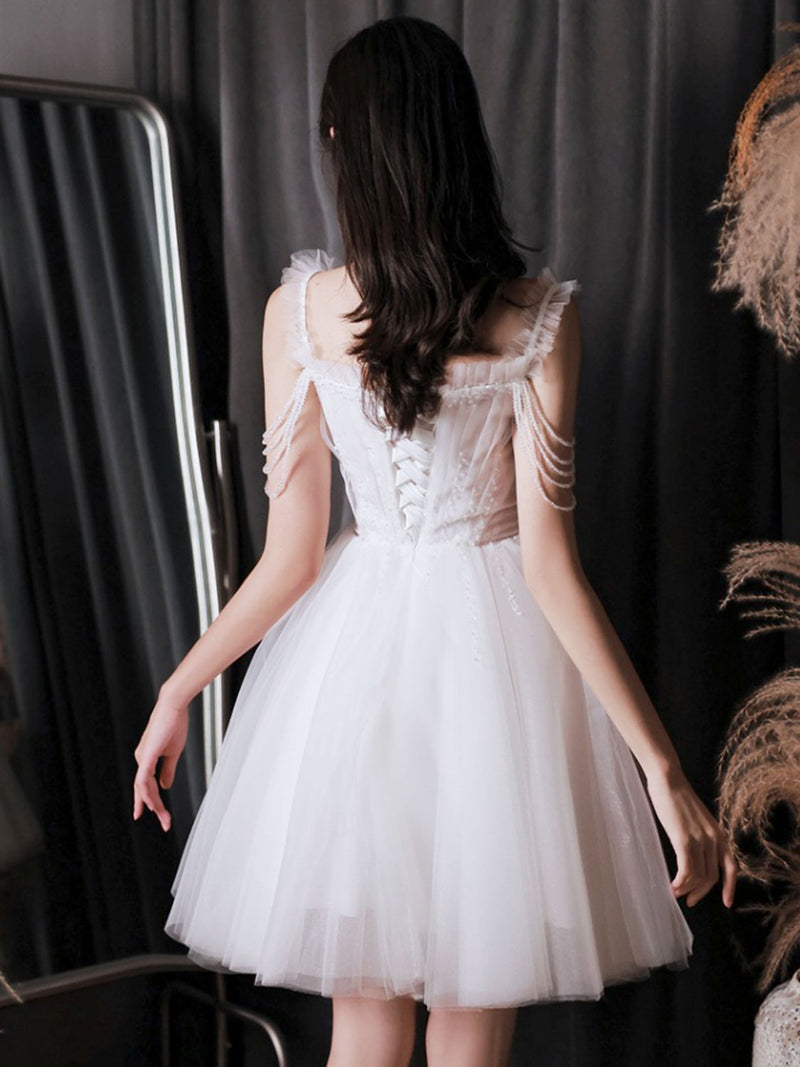 A-Line Tulle Beads White Short Prom Dress, White Homecoming Dress toptby A-Line Tulle Beads White Short Prom Dress, White Homecoming Dress toptby