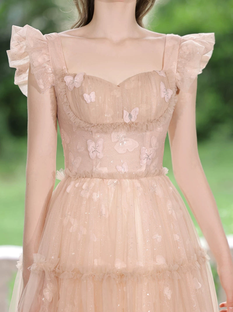 A-Line Tulle Lace Tea Length Pink Prom Dress, Pink Lace Formal Dress