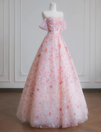 A-Line Off Shoulder Tulle Sequin Pink Long Prom Dress, Pink Long Evening Dress