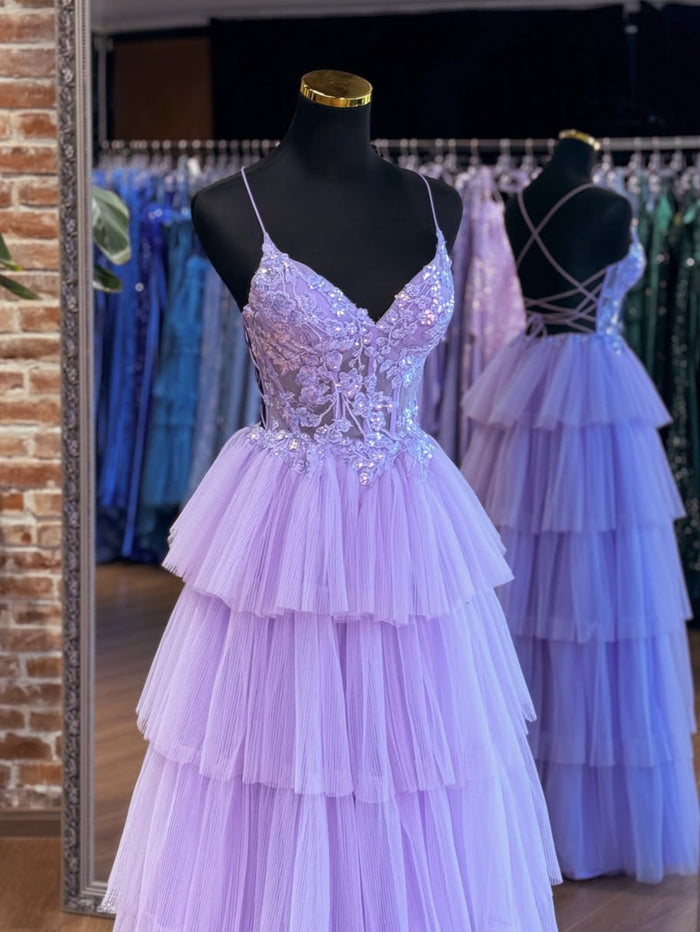 A-Line Tulle Lace Purple Long Prom Dress, Purple Long Formal Dress