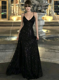 A-line V Neck Sequin Long Prom Dress, Sequin Party Dress