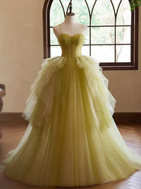 A-Line Green Sweetheart Neck Tulle Long Prom Dress, Green Evening Dress