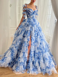 A-Line V Neck Tulle Blue Long Prom Dress, Blue Long Formal Dress