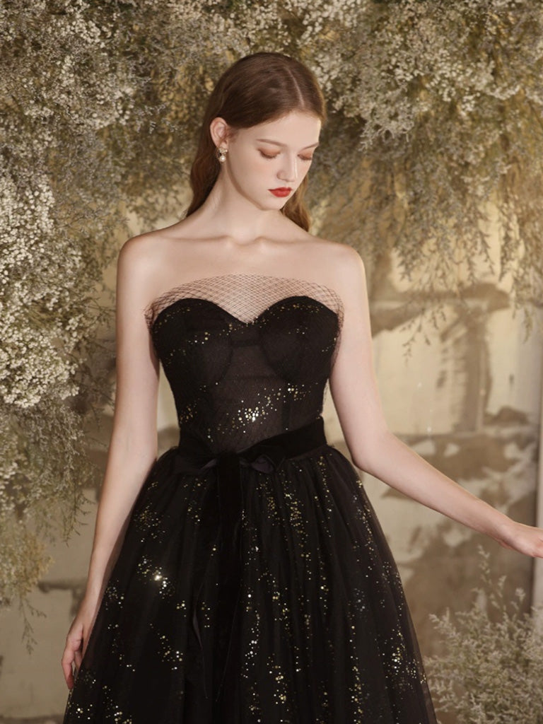 A-Line Tulle Sequin Black Long Prom Dress, Black Sequin Long Evening D
