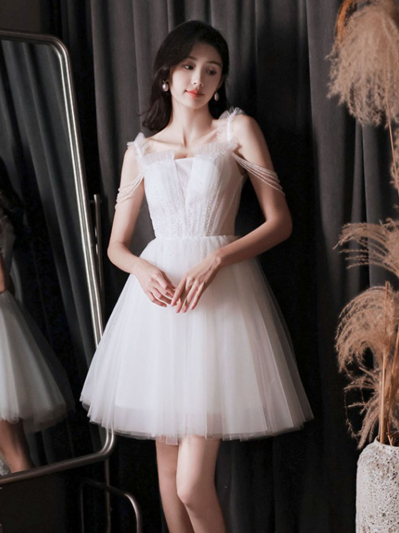 A-Line Tulle Beads White Short Prom Dress, White Homecoming Dress