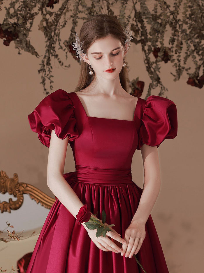 A-Line Square Neckline Puff Sleeves Satin Burgundy Prom Dress, Tea Length Bridesmaid Dress