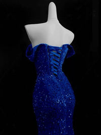 Mermaid Off Shoulder Velvet Sequin Blue Long Prom Dress