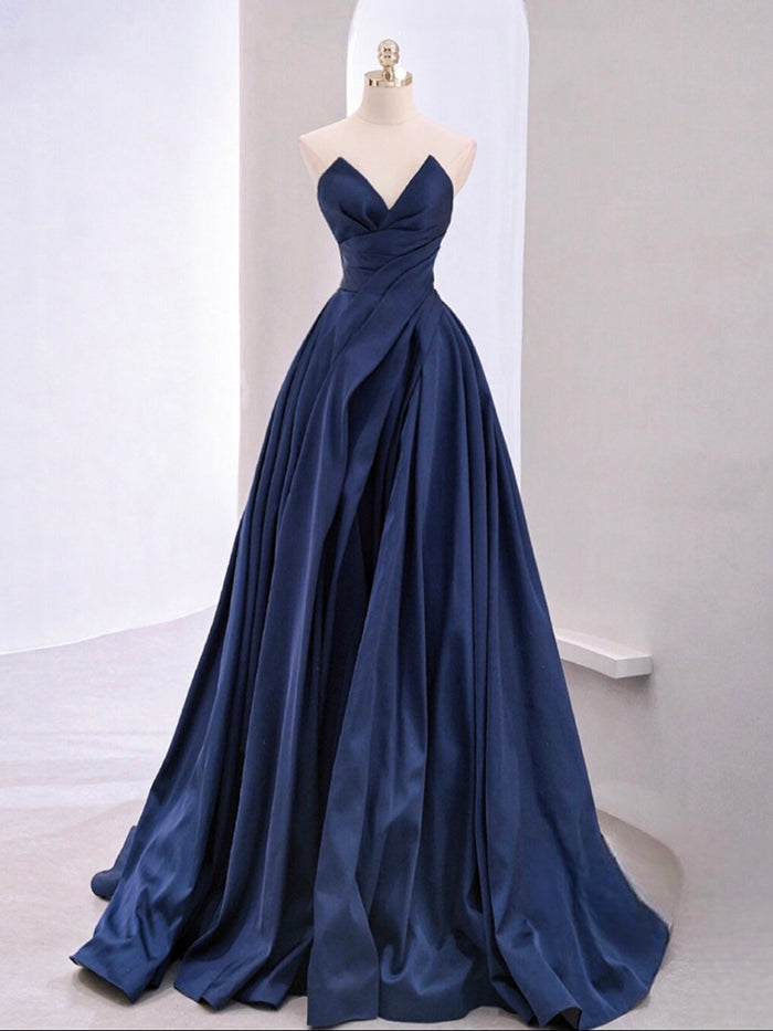 A-Line V Neck Satin Dark Blue Long Prom Dress, Blue Long Formal Dress