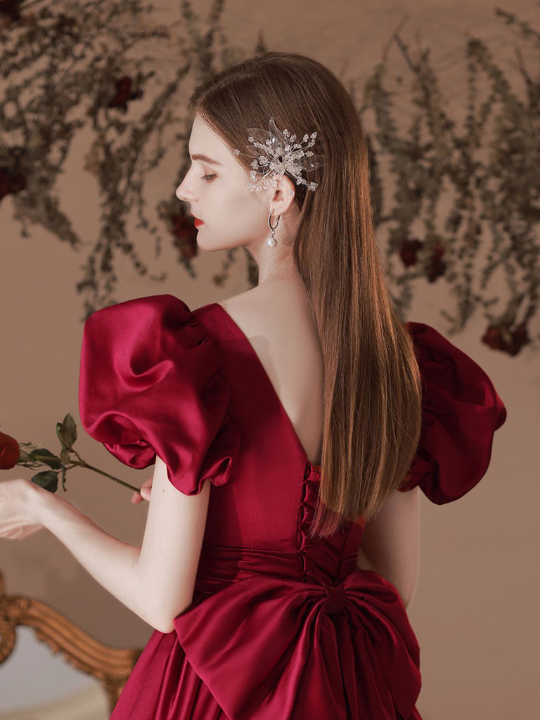 A-Line Square Neckline Puff Sleeves Satin Burgundy Prom Dress, Tea Len toptby A-Line Square Neckline Puff Sleeves Satin Burgundy Prom Dress, Tea Len toptby