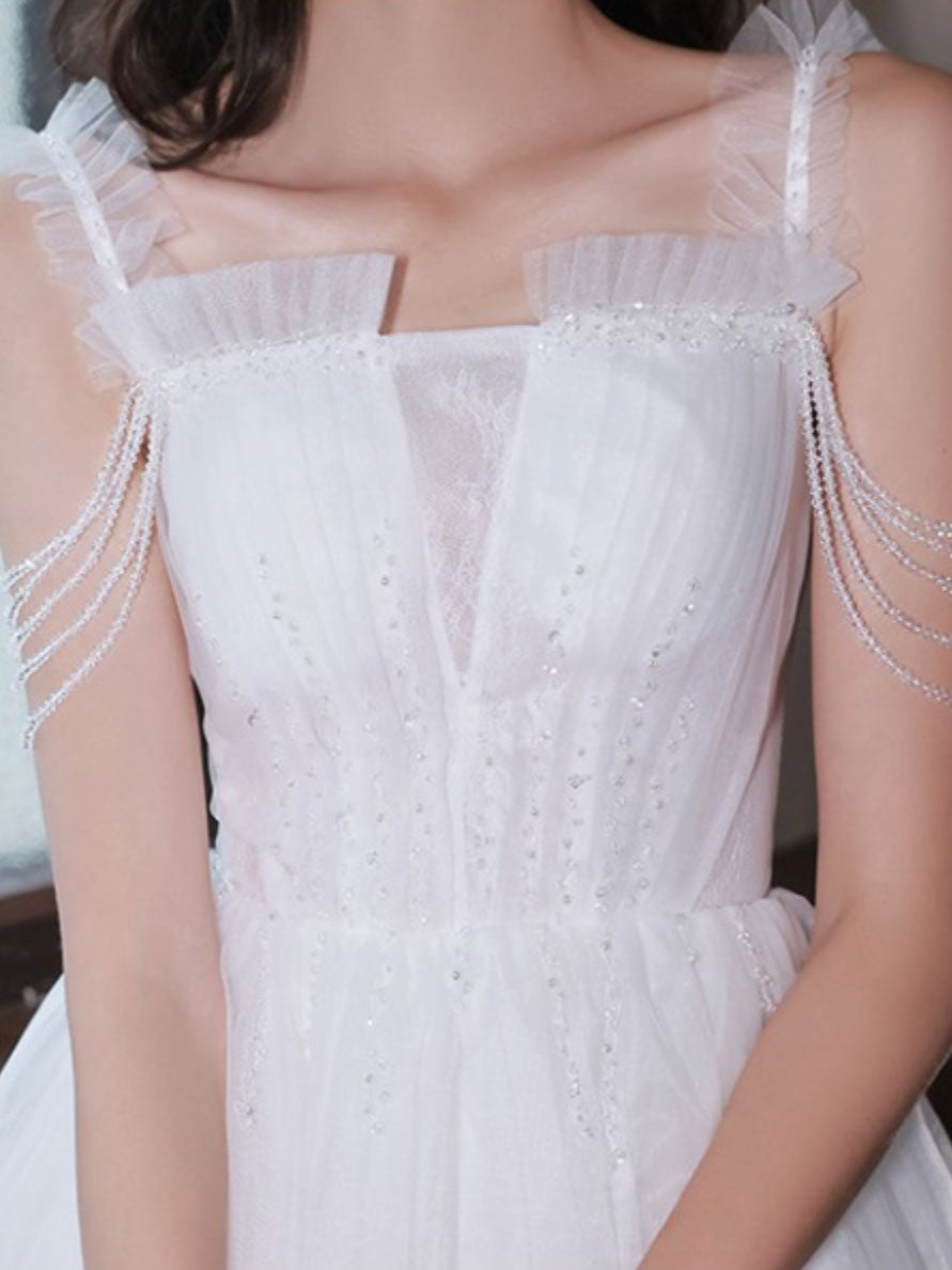 A-Line Tulle Beads White Short Prom Dress, White Homecoming Dress toptby A-Line Tulle Beads White Short Prom Dress, White Homecoming Dress toptby
