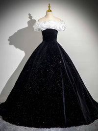 A-Line Off Shoulder Velvet Black Long Prom Dress, Black Long Evening Dress