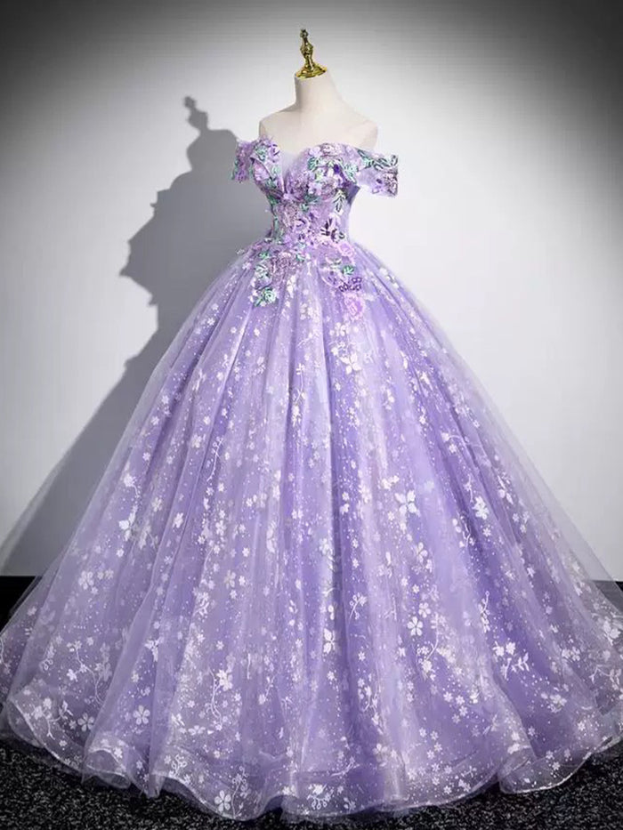 A-Line Off Shoulder Tulle Lace Purple Long Prom Dress, Purple Long Formal Dress