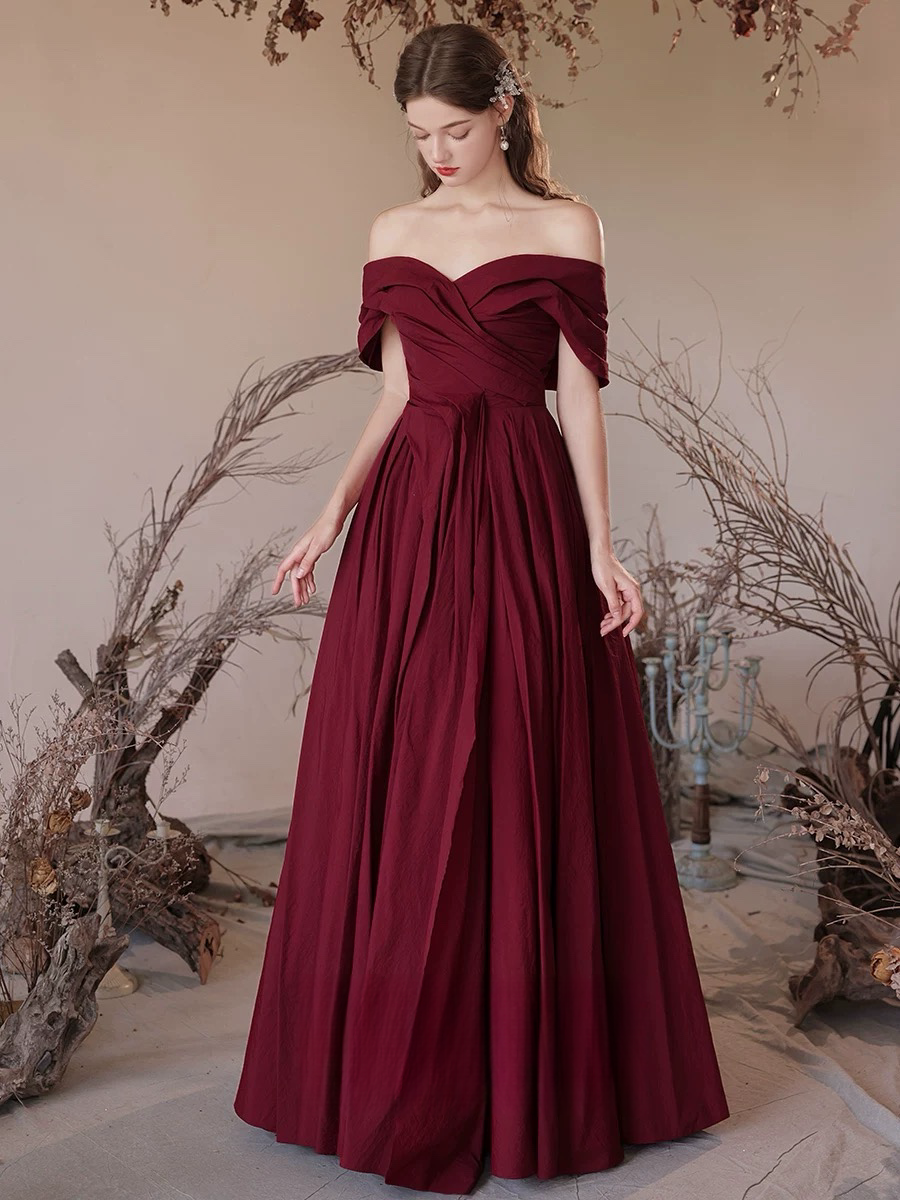 A-Line Off Shoulder Satin Burgundy Long Prom Dress, Burgundy Long Form toptby A-Line Off Shoulder Satin Burgundy Long Prom Dress, Burgundy Long Form toptby