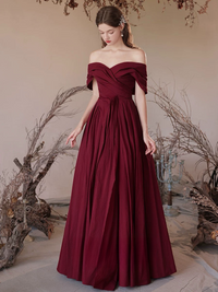 A-Line Off Shoulder Satin Burgundy Long Prom Dress, Burgundy Long Formal Dress