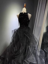 A-Line High Neck Tulle Ball Gown Sequin Black Prom Dress with Beads
